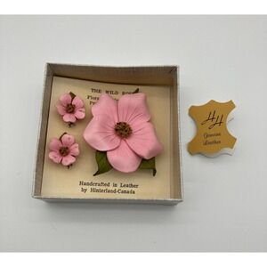 Vtg Hinterland Canada Leather Wild Rose Brooch & Screwback Earrings Set Alberta